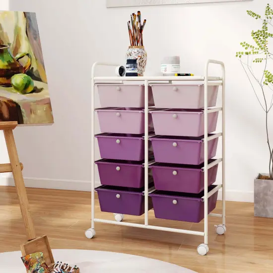 Costway 10-Drawer Storage Cart Utility Rolling Trolley Kitchen Office Organizer Black/Clear/Macaron/Grey/Black Gardient/Multicolor/Pink/RainbowithWhite/Hot Pink/Skin Pink/Purple {2}