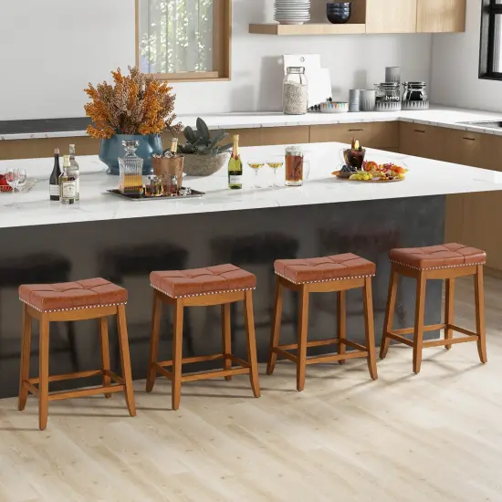 Costway Saddle Bar Stools Set of 2/4 with PU Leather Seat Solid Rubber Wood Frame Footrest {2}