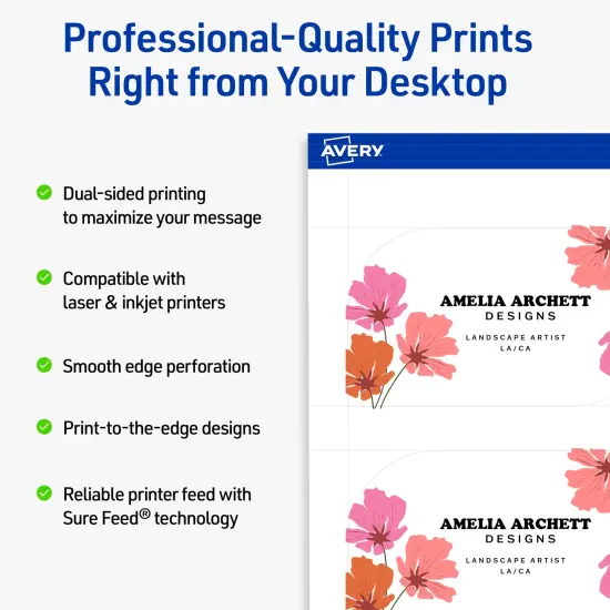 Avery Printable Leaf Business Cards, Sure Feed Technology, 2" x 3-1/2", Matte White Cardstock, Print-to-The-Edge, Laser/Inkjet Printable, 80 Total {8}