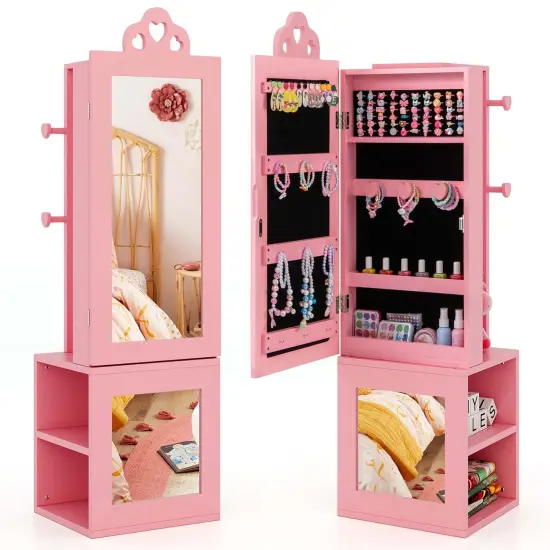 Costway Kids Jewelry Cabinet Standing Children Jewelry Organizer with Full-Length Mirror White/Pink {8}