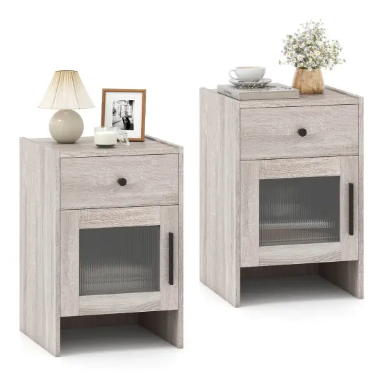 Costway 1/2 PCS Farmhouse Nightstand Fluted Bed Side Table with Large Drawer & Enclosed Cabinet {1}