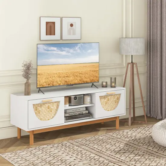 Costway TV Stand for 55-Inch TVs with 2 Drawers & Bamboo Woven Fronts Solid Wood Legs White {4}