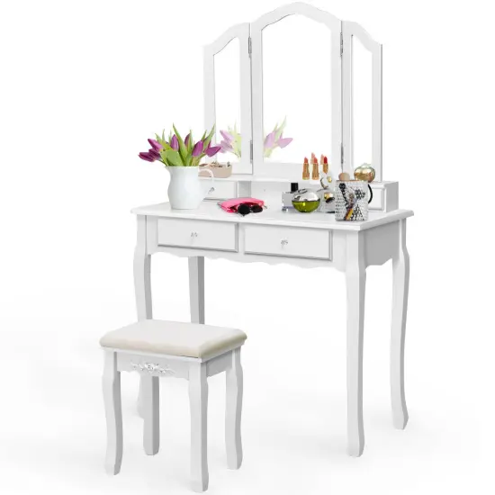Costway Makeup Table Stool Set Tri Folding Mirror Vanity White\Black {7}