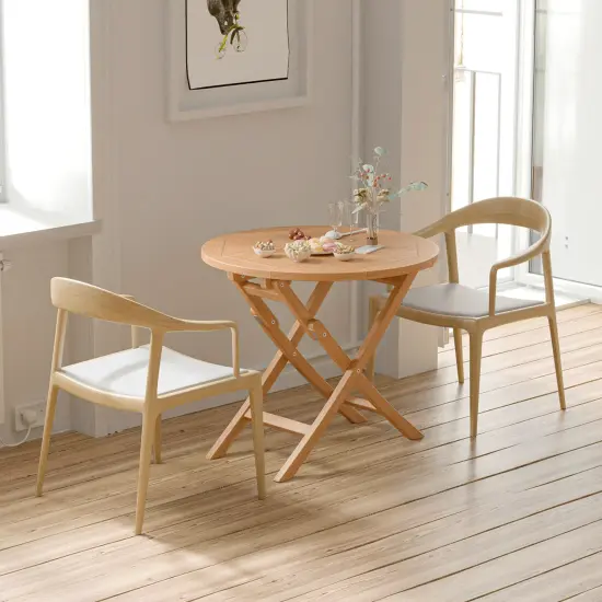 Costway 31.5'' Patio Round Folding Dining Table Solid Indonesia Teak Wood Natural Outdoor Portable {2}