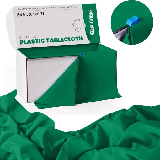 Exquisite Party Solids 54" x 100' Plastic Table Cover Roll with Slide Cutter &ndash; Cut-to-Size Dispenser Box &ndash; Makes Up to 36 Disposable 8' Rectangle Tablecloths Emerald Green {3}