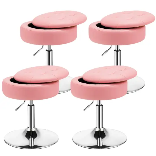 Costway Set of 4 Adjustable&nbsp;Vanity Stool 360&deg; Swivel Storage Makeup Chair withTray White/Black/Pink {8}