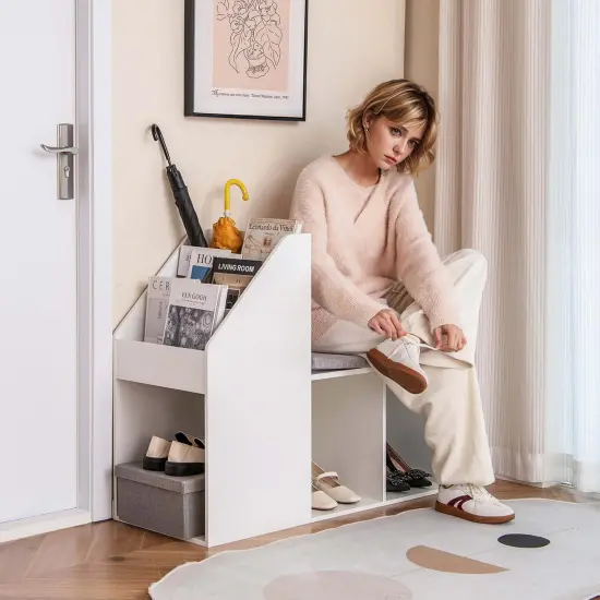 Costway Shoe Storage Bench with Removable Seat Cushion 3 Side Storage Compartments {6}