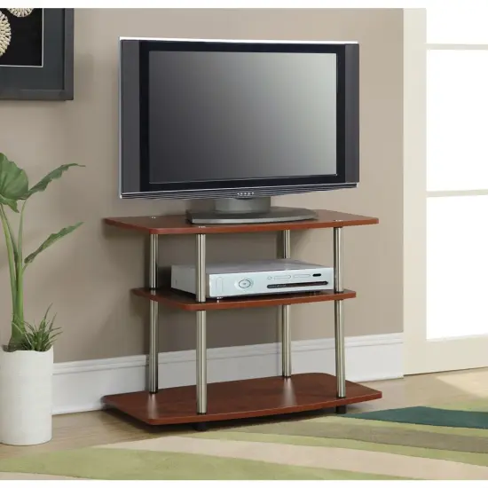Modern Wood and Metal TV Stand with Open Storage Shelves for Small to Medium TVs Cherry Brown {2}