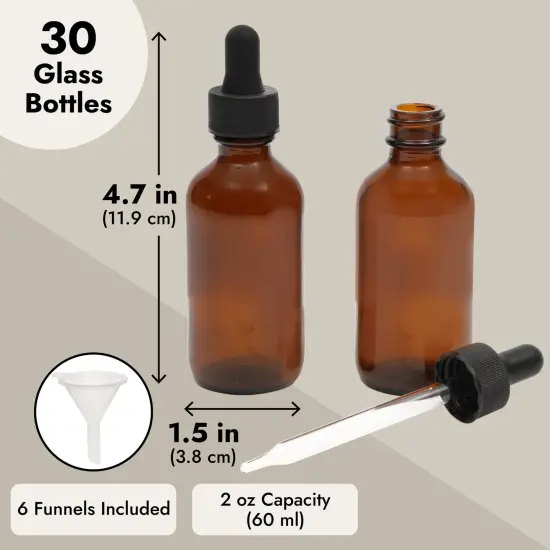 30-Pack 2oz Amber Glass Bottles with Dropper Dispenser and 6 Funnels for Essential Oils, Travel, Perfumes, Liquids, Hair and Body Oils (36 Total Pieces, 60ml) {5}
