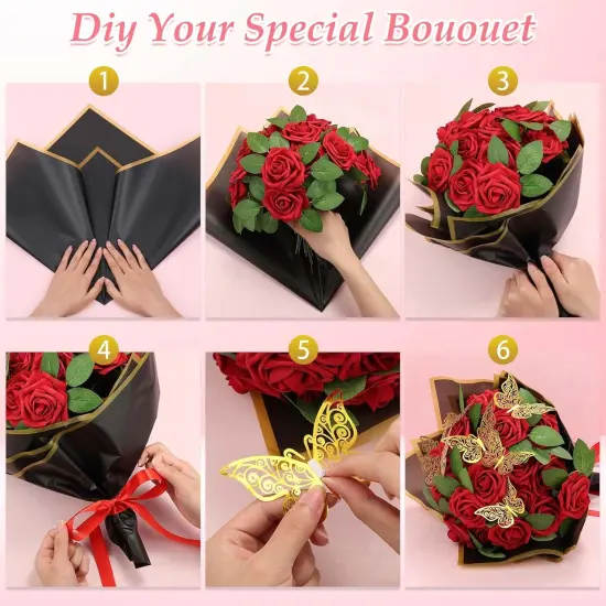 Bouquet Wrapping Paper with Artificial Foam Roses Red Flowers with Stems Gold Butterfly {5}