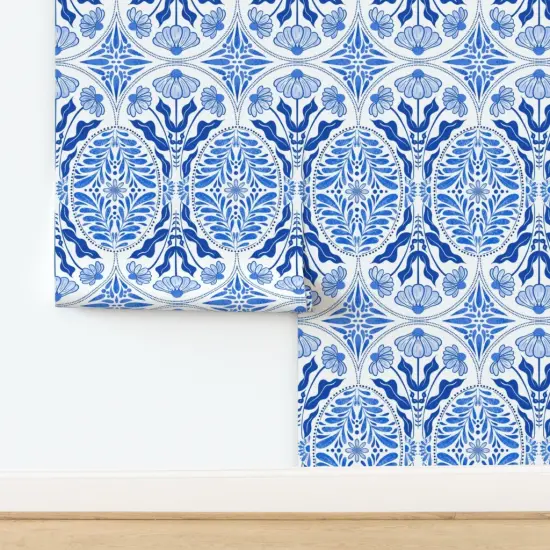 Pre-Pasted Wallpaper 2FT Wide Art Nouveau Floral Botanical Classic Traditional Faux Tiles Mediterranean Damask Blue And White Spring Summer Large Scale Custom Pre-pasted Wallpaper by Spoonflower {2}