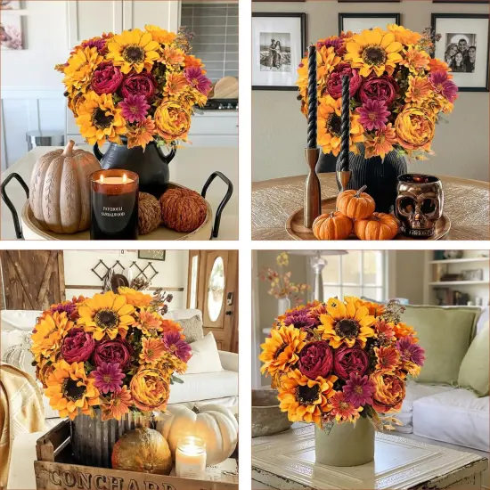 3Pcs Artificial Fall Flowers Faux Mums Sunflower {3}
