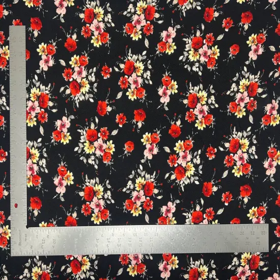 1 Yard Liverpool Knit Floral Print Fabric Stretch Crepe Texture Floral Knit for Sewing and Apparel 58"-60" Width Black/Coral {1}