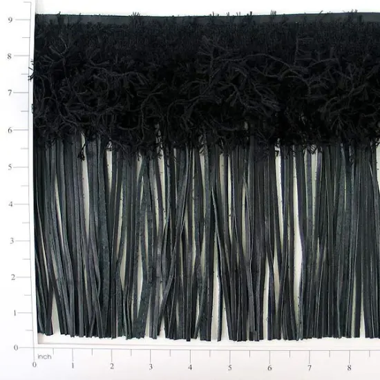 5 yards of 9" Leather And Hairy Gimp Fringe Trim | 5 yard cut Black {1}