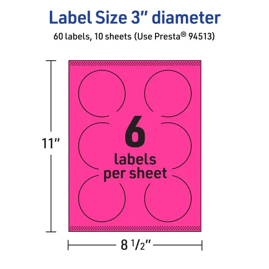 Avery Neon Magenta Paper Labels, 3" Diameter Round {5}