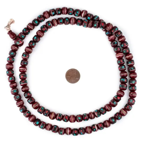 The Bead Chest Crimson Red InlaidBone Mala Beads 10mm Nepal Round Large Hole 31 Inch Strand {2}