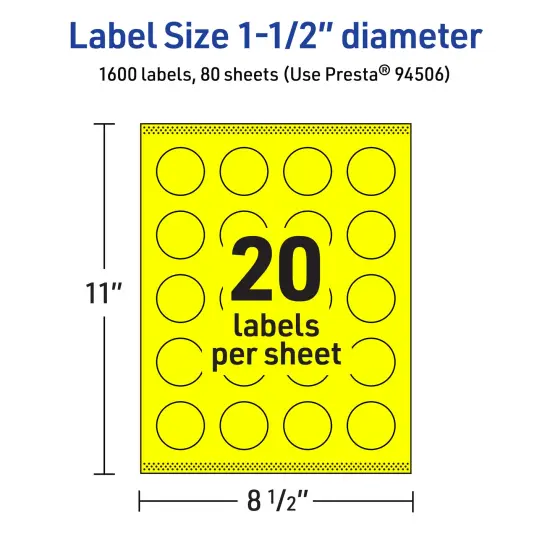 Avery Neon Yellow Paper Labels, 1.5" Diameter Round {5}