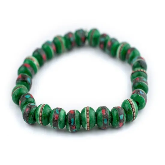 The Bead Chest Mala Stretch Bracelet, Green - Stackable Nepal Bone Inlaid with Turquoise & Coral Colors, 100% Authentic and Genuine {1}