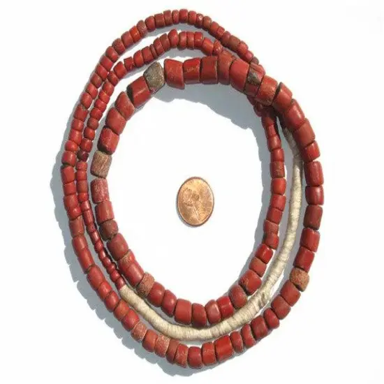 The Bead Chest Antique Green Heart Beads 10mm West Africa African Red Cylinder Glass Large Hole 26-30 Inch Strand Handmade {2}