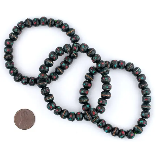 The Bead Chest Mala Stretch Bracelet, Dark Green - Stackable Nepal Bone Inlaid with Turquoise & Coral Colors, 100% Authentic and Genuine {2}