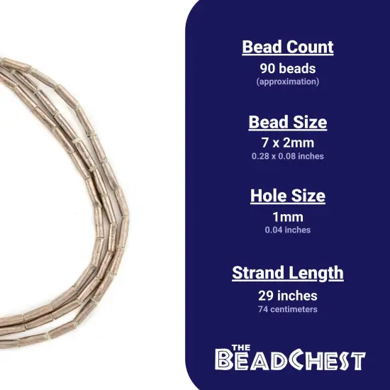 The Bead Chest Dark Silver Ethiopian Tube Beads 7x2mm African White Metal 29 Inch Strand Handmade {4}