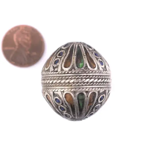 The Bead Chest Extra Fancy Silver Enamel Berber Bicone Bead Pendant 29mm Morocco African Multicolor White Metal Large Hole Handmade {3}