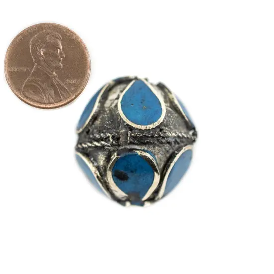 The Bead Chest Turquoise-Inlaid Afghan Tribal Silver Bead (25mm): Genuine Inlaid Metal Bead Pendant for DIY Jewelry {2}