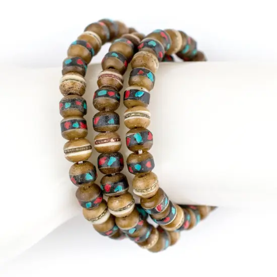 The Bead Chest Mala Stretch Bracelet, Brown - Stackable Nepal Bone Inlaid with Turquoise & Coral Colors, 100% Authentic and Genuine {4}