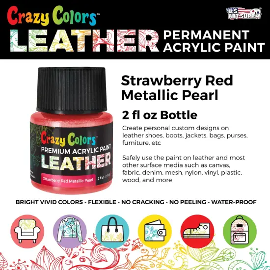 Strawberry Red Metallic Pearl Premium Acrylic Leather and Shoe Paint, 2 oz Bottle - Flexible, Crack, Scratch, Peel Resistant - Artist Create Custom Sneakers, Jackets, Bags, Purses {2}