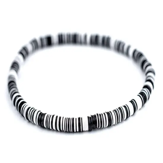The Bead Chest Boho Stretch Bracelet, Black & White - Stackable African Vinyl Heishi, Unisex for Men & Women {1}