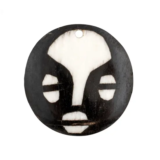 The Bead Chest Round Mask Batik Bone Pendant 24mm Kenya African Black and White Large Hole Handmade {1}