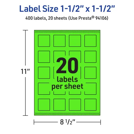 Avery Neon Green Paper Labels, 1.5" x 1.5" Square {5}
