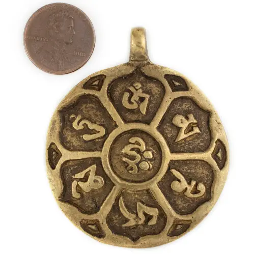 The Bead Chest Antiqued Brass Circular Om Mani Padme Hum Pendant 60x50mm Large Hole {2}