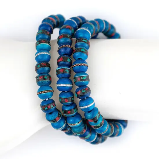The Bead Chest Mala Stretch Bracelet, Azul Blue - Stackable Nepal Bone Inlaid with Turquoise & Coral Colors, 100% Authentic and Genuine {4}