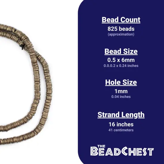 The Bead Chest Brass Flat Disk Heishi Beads (6mm), 16" Strand, Handmade for Jewelry Making & Crafts | Approximately 825 Beads {4}