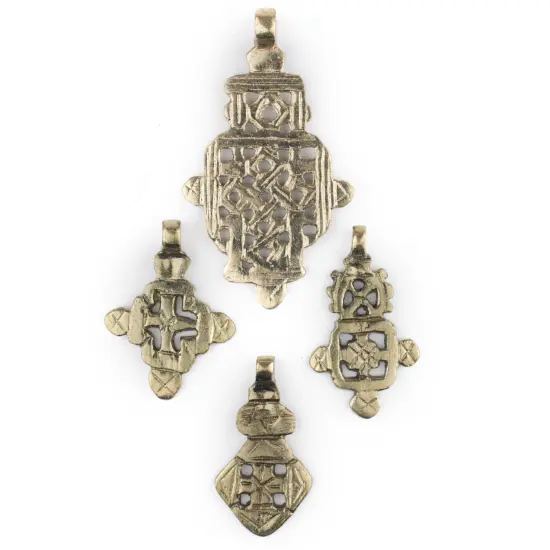 The Bead Chest 4 Pack: Ethiopian Brass Coptic Cross Pendants African Large Hole Handmade {1}
