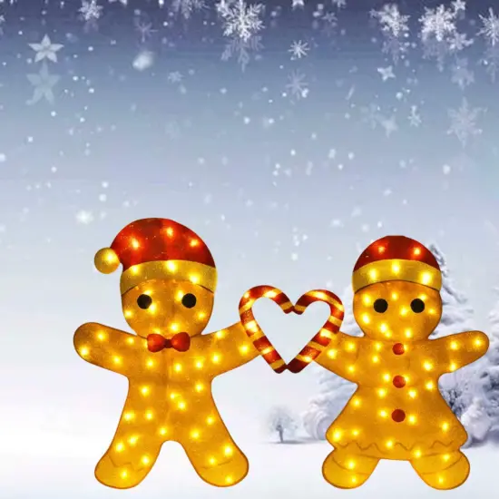 Whimsical Light Up Gingerbread Man Couple Holding a Heart-Shaped Candy Cane 32"H {3}