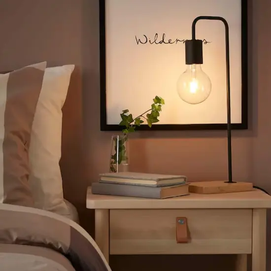 Black and Bamboo Table Lamp with Curved Metal Design {1}