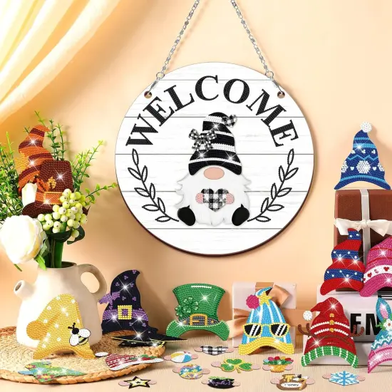 Gnome Diamond Art Decoration Holiday Spring Easter Interchangeable Gnome Seasonal Welcome Sign DIY Hanging Front Door Decor with Magnet Detachable Hat and Hand {2}