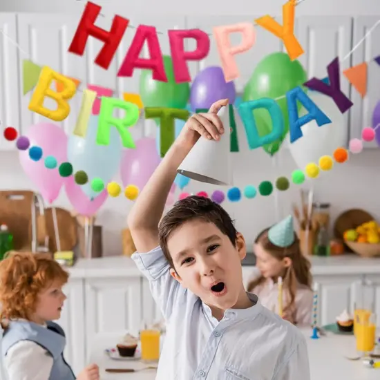 Happy Birthday Banner - Rainbow Color Felt Ball Garland, Personalized Sign {3}