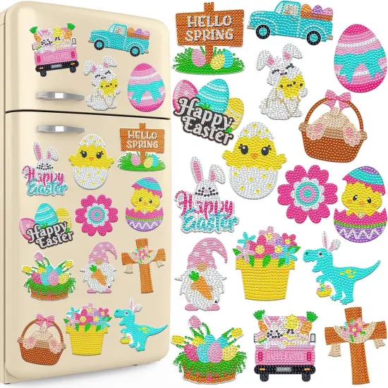 16 Pcs Easter Diamond Painting Magnets for Refrigerator Spring Diamond Art Magnets DIY Bunny Eggs Gnome Cross Flower Diamond Painting Kits Pink Yellow Easter Diamond Art for Adults Kids Crafts {1}