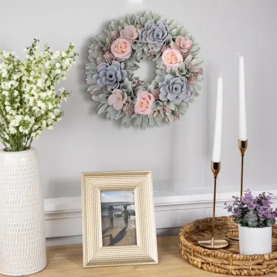 Northlight Roses and Thistle Wooden Artificial Floral Spring Wreath - 14" Blue {4}