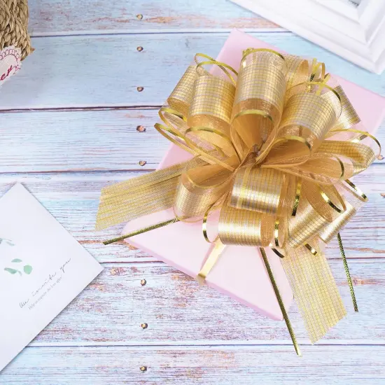 10 PCS Large Pull Bow Gift Wrapping Bows, Pull Bow with Ribbon for Wedding Gift Baskets, Party Gift Wrap Bows, Presents Decorating Bows (Gold) {4}