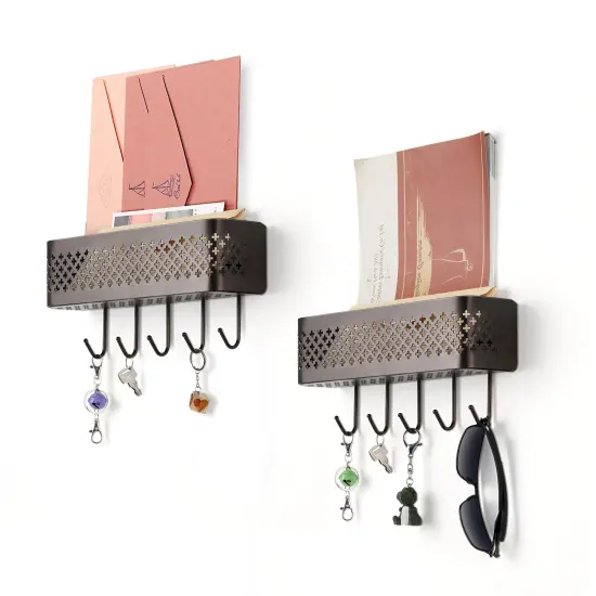 2PCS Wall Mount Metal Letter Holders Basket with 5 Hooks {1}