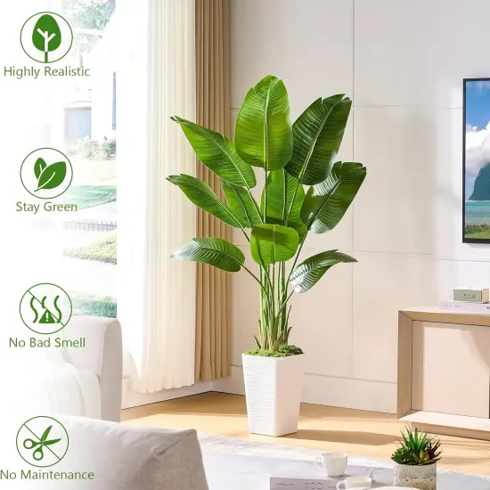 Lifelike Bird of Paradise Silk Artificial Plant Faux Banana Leaf Tree for Home Decor - Perfect Indoor Floor Plant with 9 Trunks (1, White Tall Planter, 5 FT) {3}