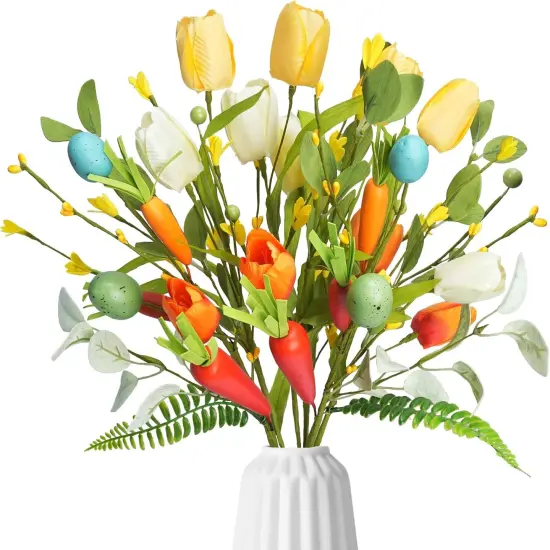 Easter Eggs Picks for Easter Table Decor, 6 Pcs Artificial Spring Flowers Stems Easter Sprays Picks 19.6 Inch Floral Picks with Eggs Tulips and Carrots for Home Vase Spring Centerpieces Decor {1}