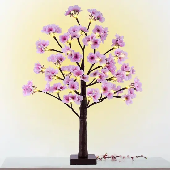 24 Inch Lighted Cherry Blossom Tree Battery Operated 2FT 28 Warm White LED Artifical Bonsai Tree with 84 Lush Flowers, Timer USB Plug for Wedding Party Spring Christmas Home Decoration {1}