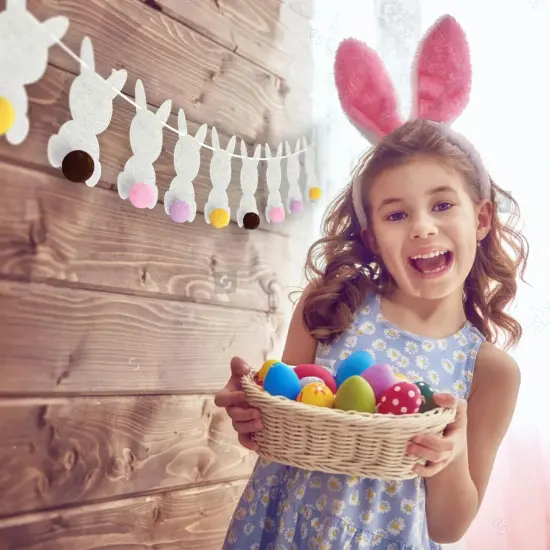 Easter Bunny Garland - Hanging Decorations Set with 10 Felt Rabbits, 9 Feet of Ribbon, and Needle for Stringing - Easter Bunny Decorations for Home, Office, or Classroom {5}