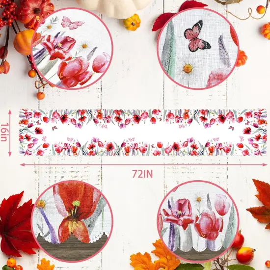 Spring Floral Table Runner with Red Tulip and Butterfly Design &ndash; Elegant Spring and Summer Table D&eacute;cor, Scalloped Edges for Dining and Coffee Table Centerpiece Decoration &ndash; 72 Inches Long {2}