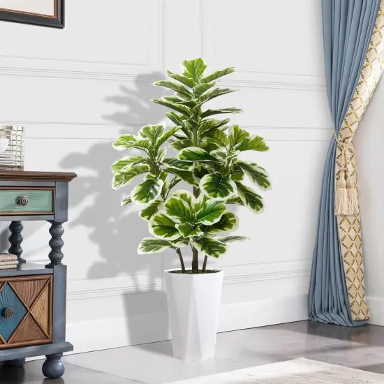 Artificial Fiddle Leaf Fig Plant Indoor 5FT Faux Rubber Tree with White Diamond Planter Tall Fake Floor Plant in Pot Artificial Trees for Home {2}